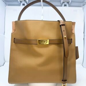 Tory Burch Lee Radziwill Large Double Satchel bag in Tiramisu w/leather trim